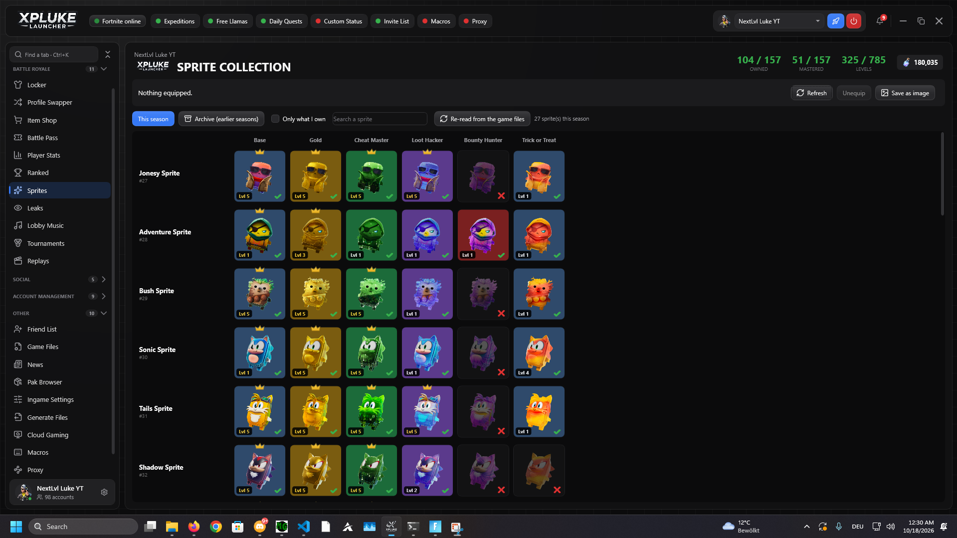Sprite Collection showing all variants with ownership and mastery tracking